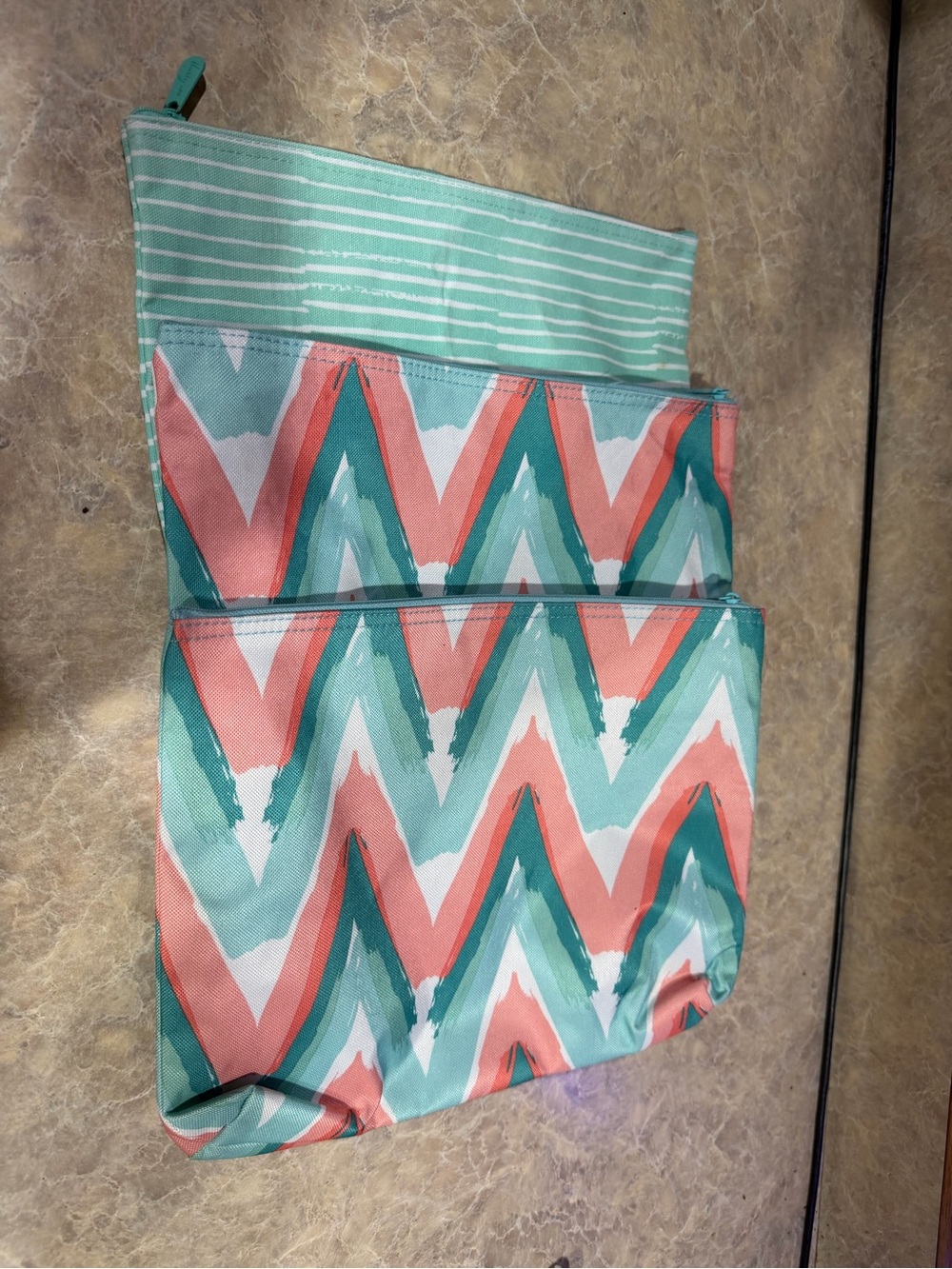 thirty-one Coral and Teal Chevron Zipper Pouches Trio